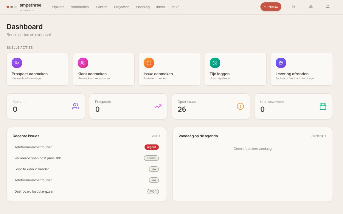 Het dashboard: snelle acties, open issues en de agenda van vandaag in één overzicht