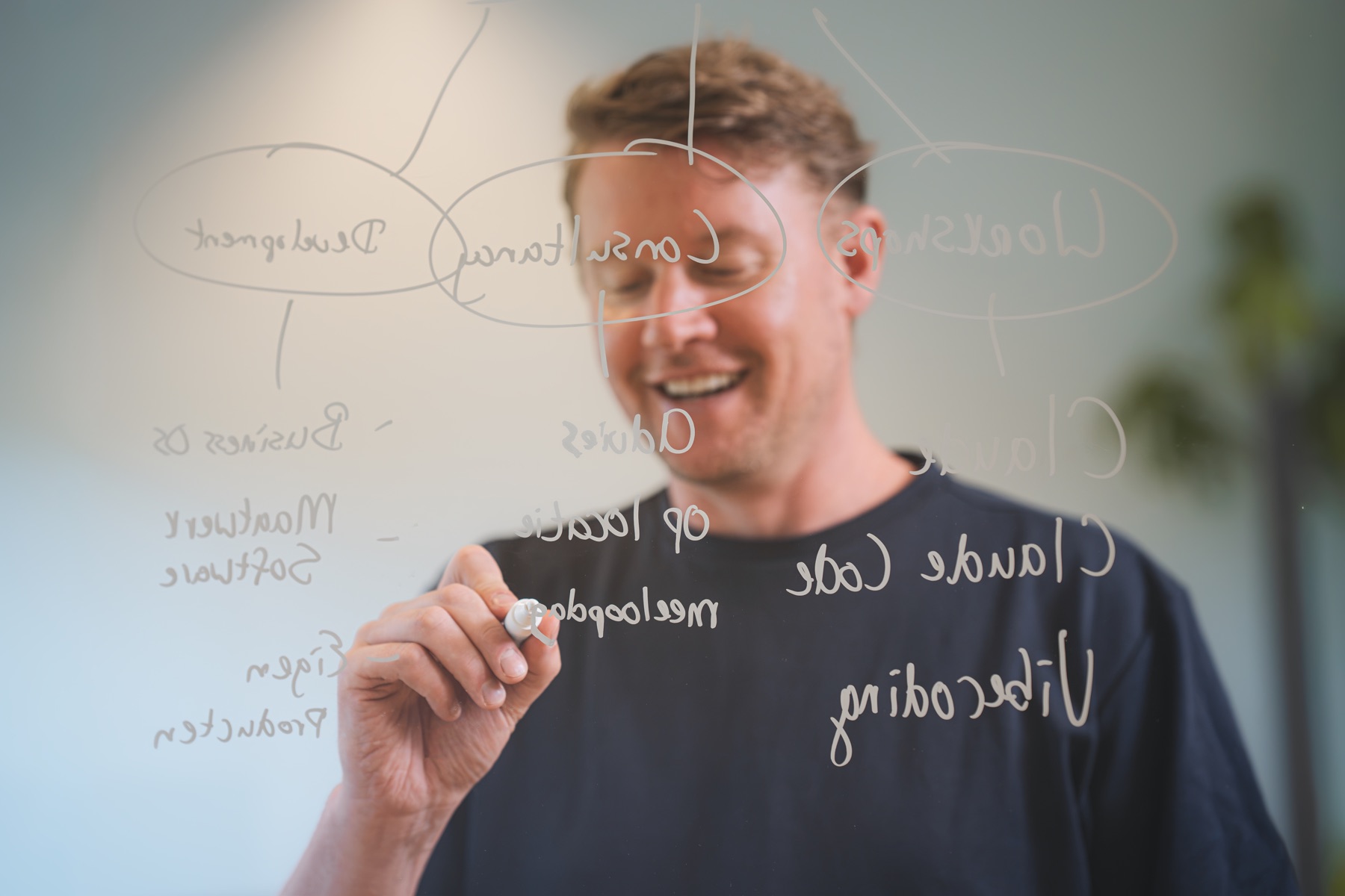 Marc schetst de bouwstenen van een Business OS op het glasbord