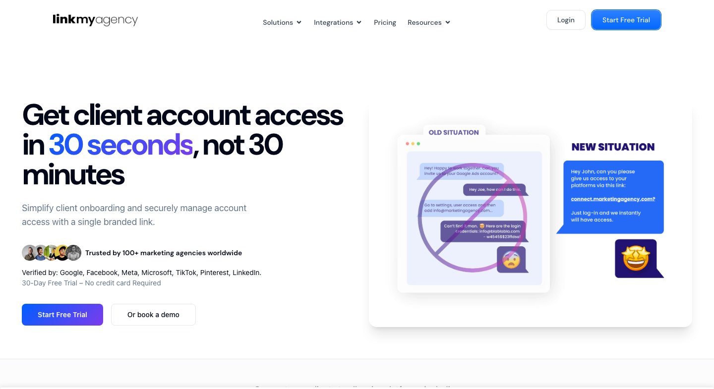 De homepage van LinkMyAgency: klanttoegang in 30 seconden in plaats van 30 minuten.